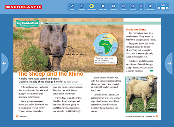 A Scholastic digital reading page shows an article about a sheep and a rhino