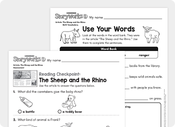 Two Storyworks Jr worksheets titled The Sheep and the Rhino with reading and vocabulary activities