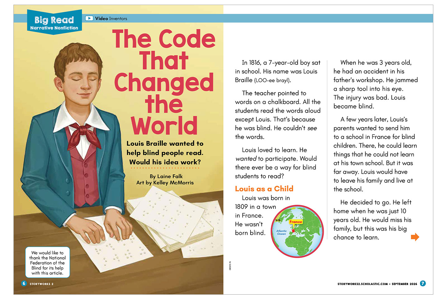 Louis Braille runs his fingers over braille text on paper at a desk