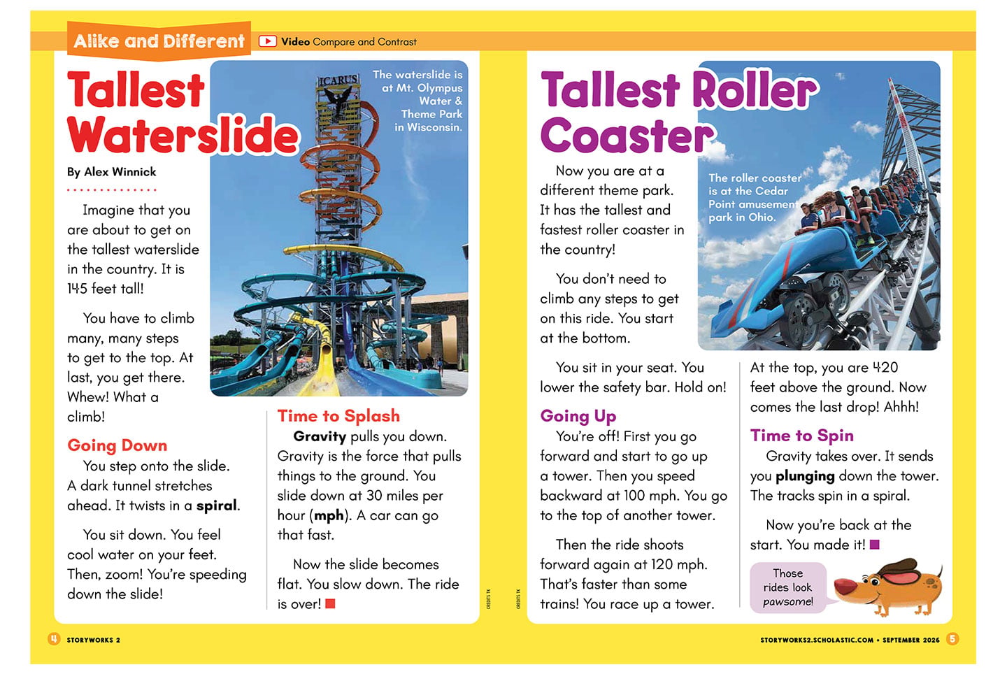 A magazine spread compares the tallest waterslide and tallest roller coaster in the US
