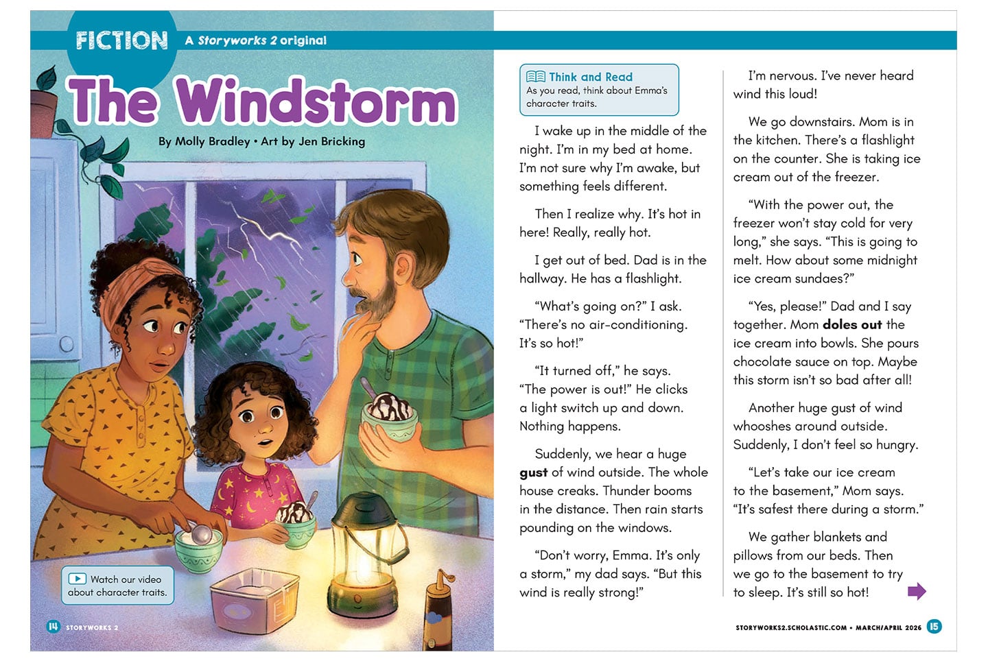 Cover of The Windstorm, a girl and a man hold bowls of ice cream by lantern light during a storm