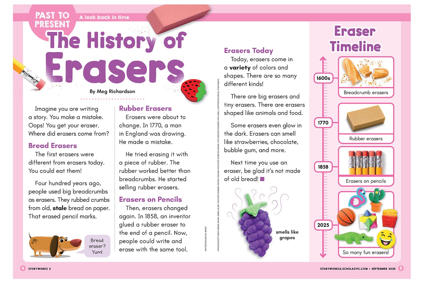 A magazine spread titled The History of Erasers with an eraser timeline from the 1600s to 2025
