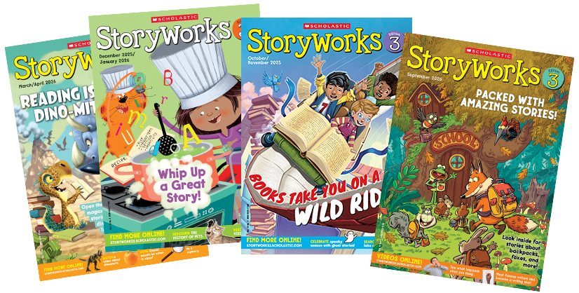 Four issues of Scholastic Storyworks magazine spread out to show their colorful covers