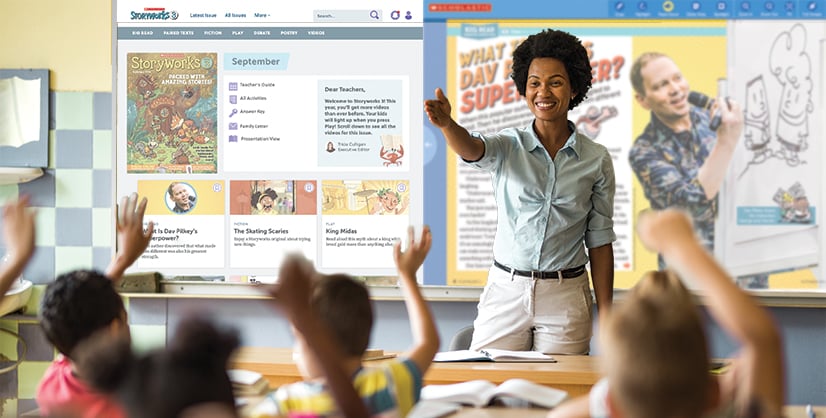 A woman leads a classroom as students raise their hands toward a Storyworks digital display