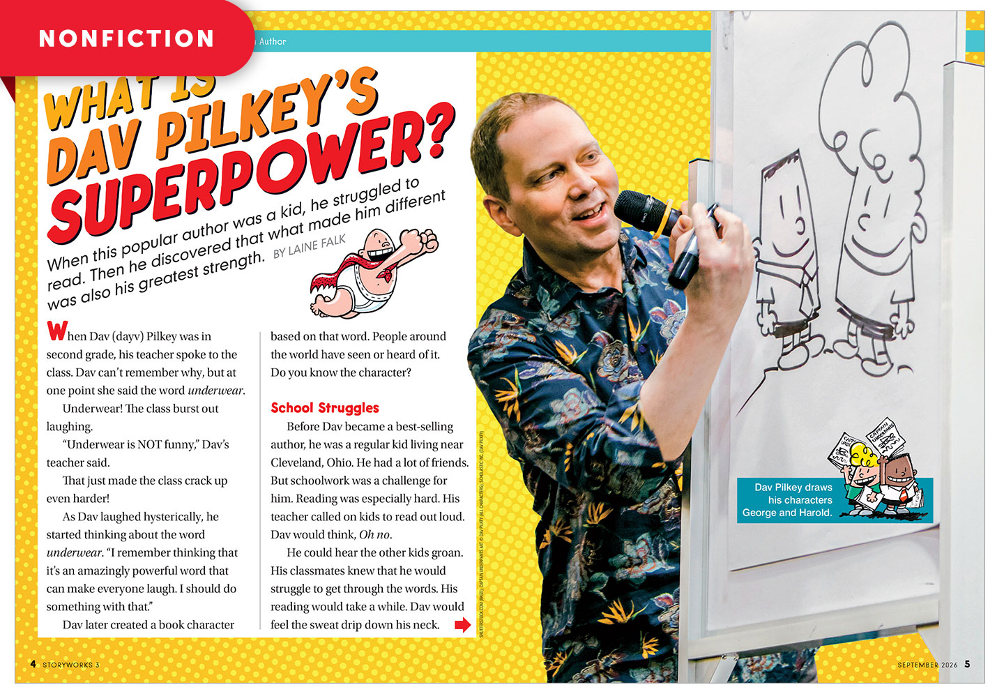 Dav Pilkey holds a microphone and draws his characters George and Harold on a whiteboard