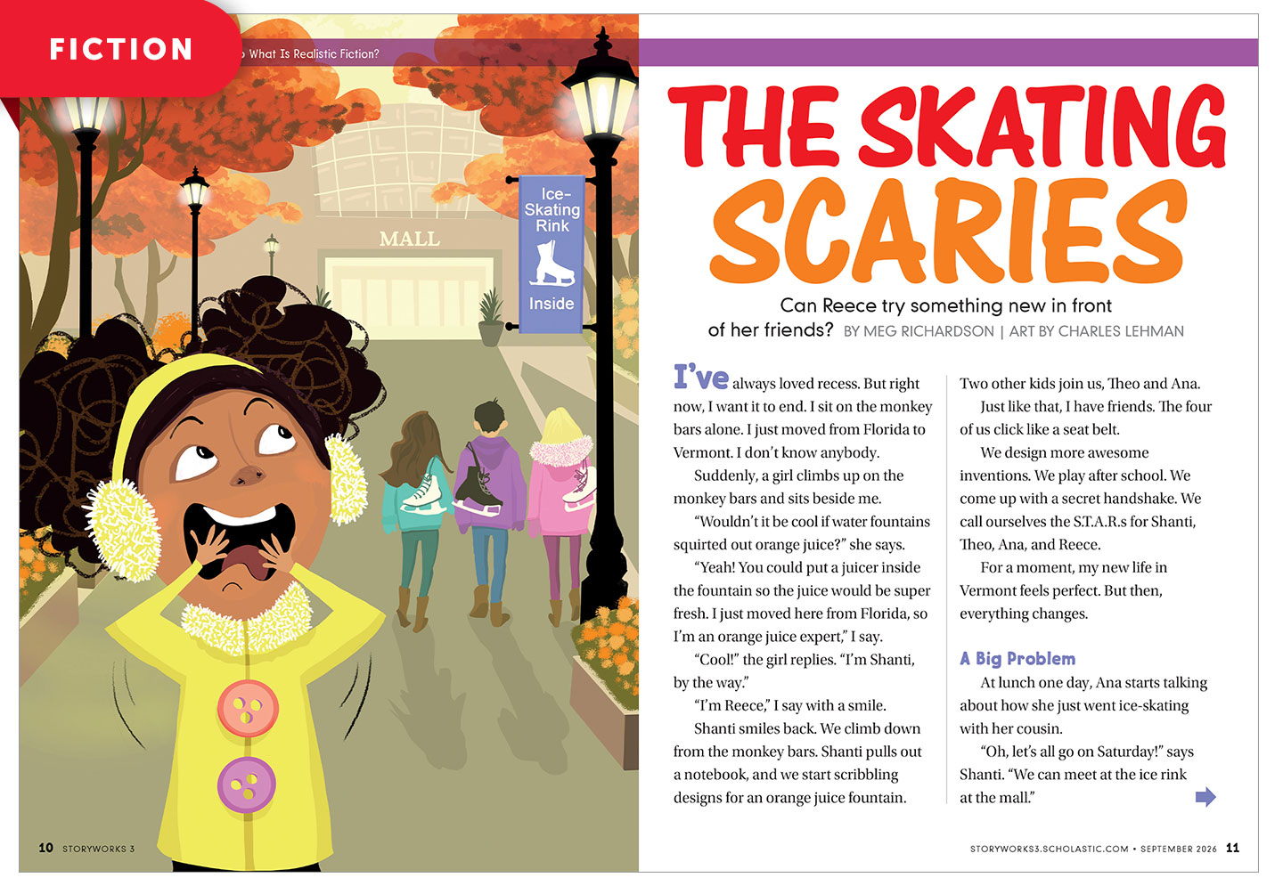 Cover of The Skating Scaries, a girl reacts with surprise outside a mall with an ice-skating rink sign
