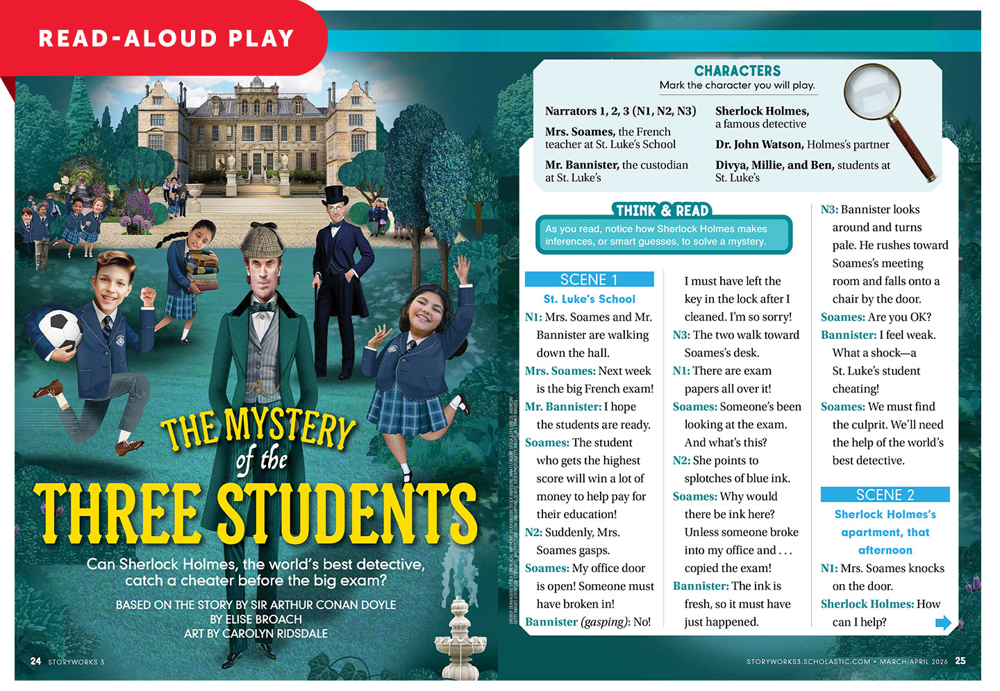 Cover of The Mystery of the Three Students, a read-aloud play featuring Sherlock Holmes and students outside a school