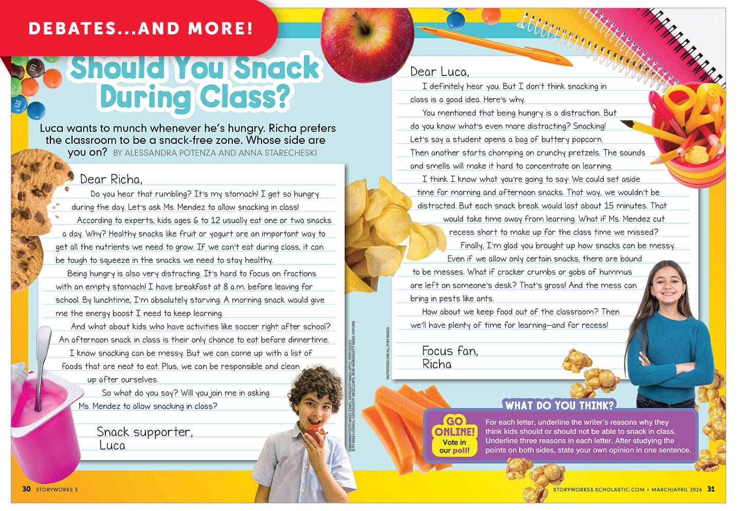 A magazine spread titled Should You Snack During Class with two debate letters from Luca and Richa