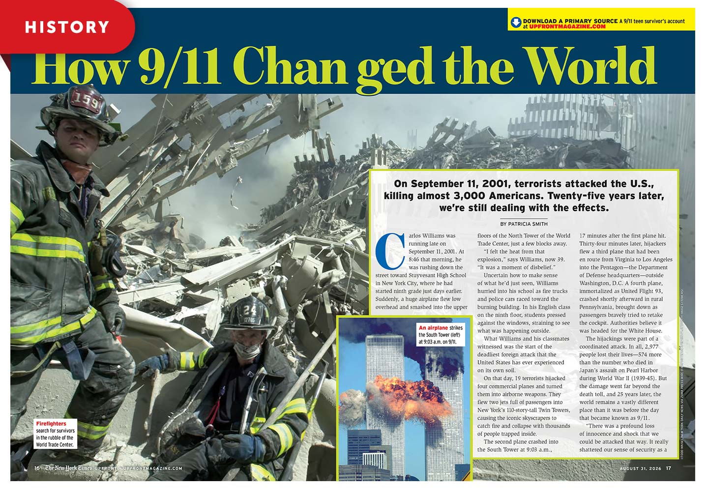 Historical photo of firefighters amid the rubble of the World Trade Center after the 9/11 attacks