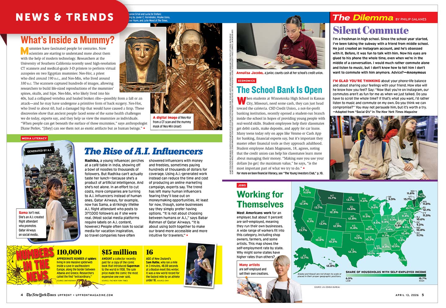 A two-page spread from The New York Times Upfront magazine with articles on mummies, A.I. influencers, school banking, self-employment, and a commuting dilemma