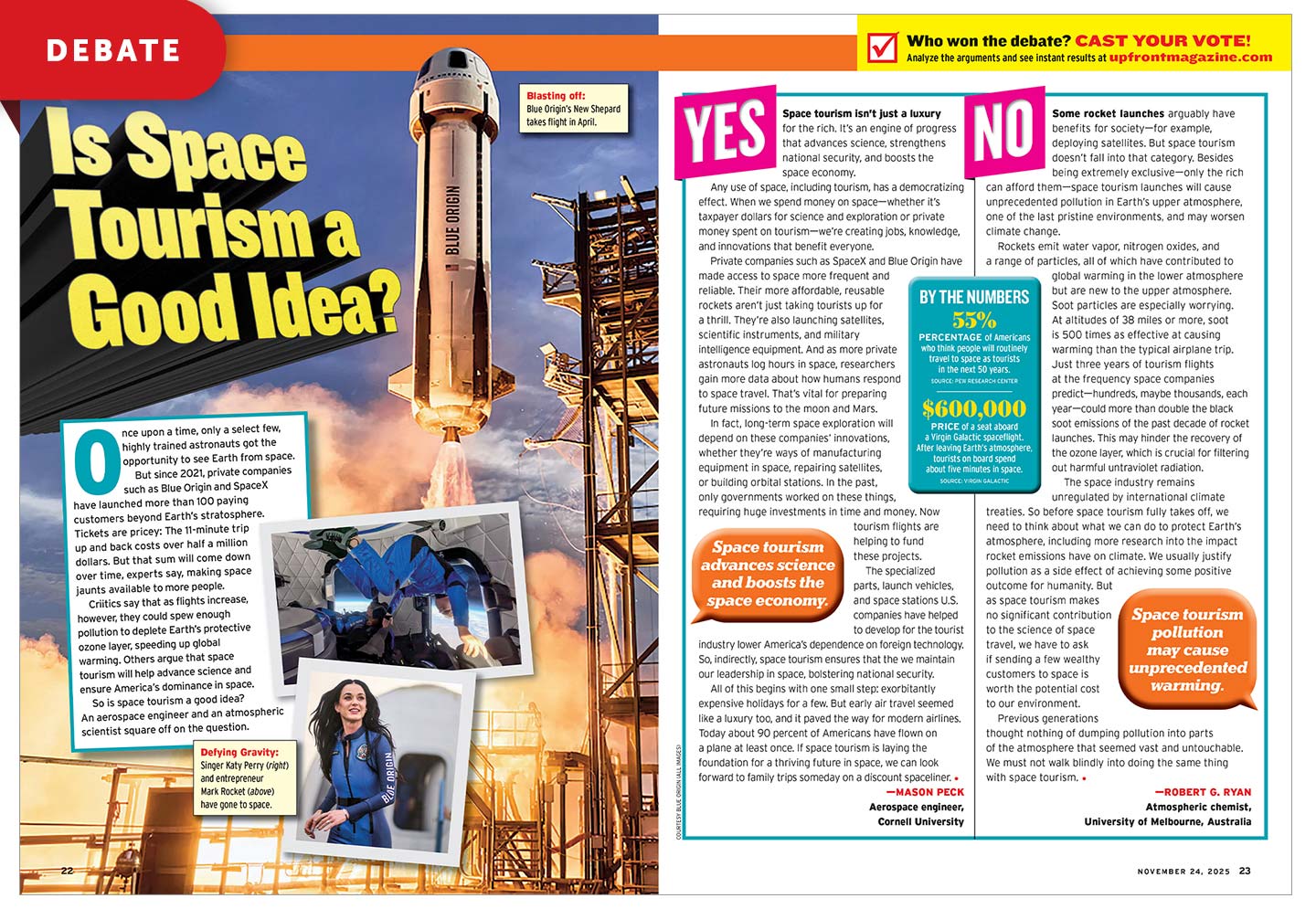 A magazine debate spread asks Is Space Tourism a Good Idea, with a Blue Origin rocket launch and Katy Perry