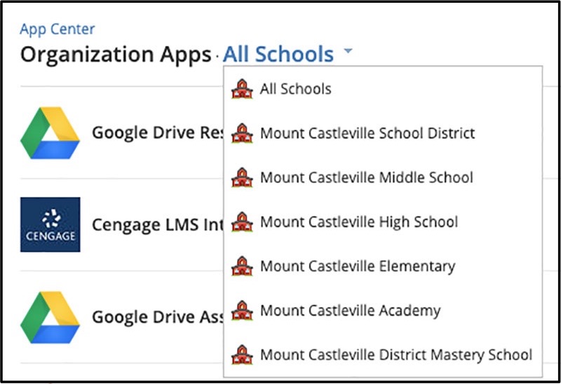 use the organization drop down in the app center to configure Scholastic Digital Manager by school