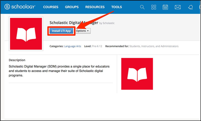 click install LTI app to install the Scholastic Digital Manager app
