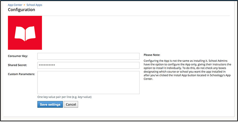 add your consumer secret and key to Scholastic Digital Manager app configuration panel in Schoology