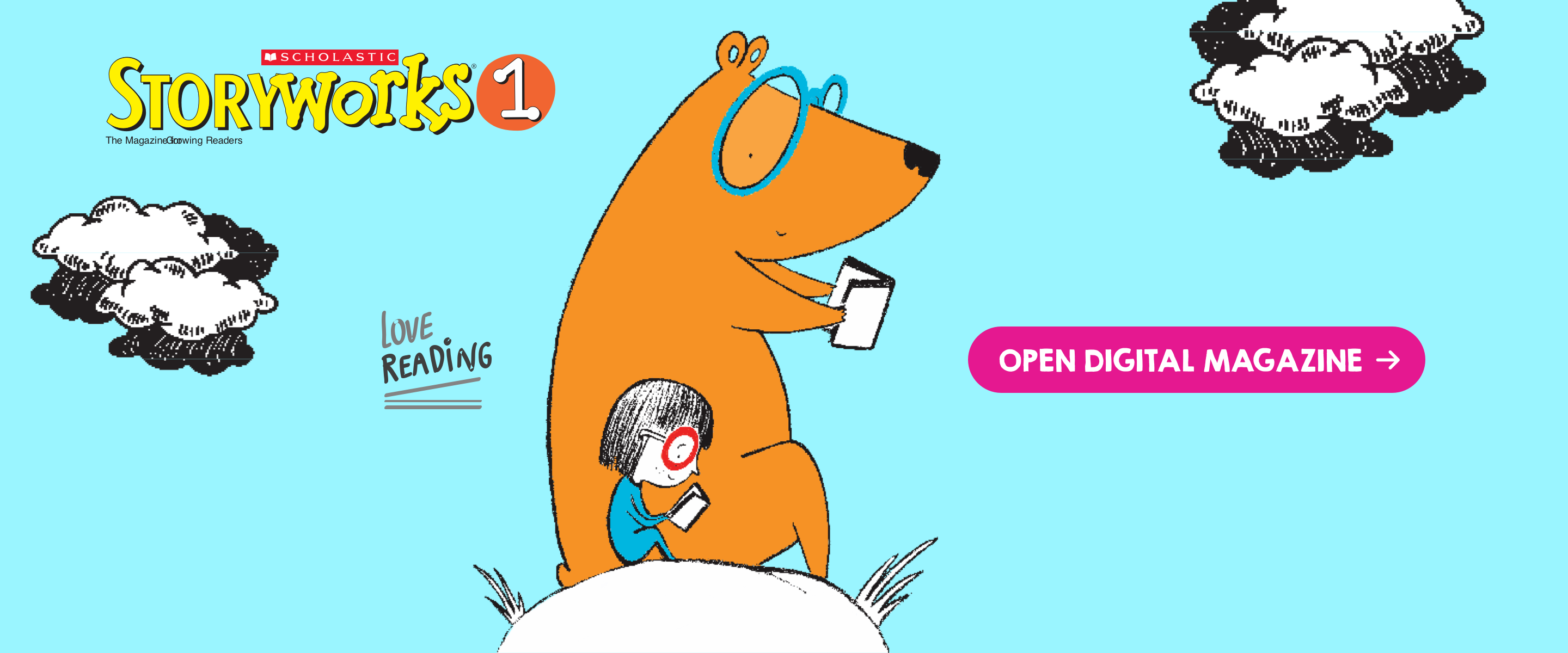 Clickable illustration of a bear reading a book with a child. Button reads Open Digital Magazine